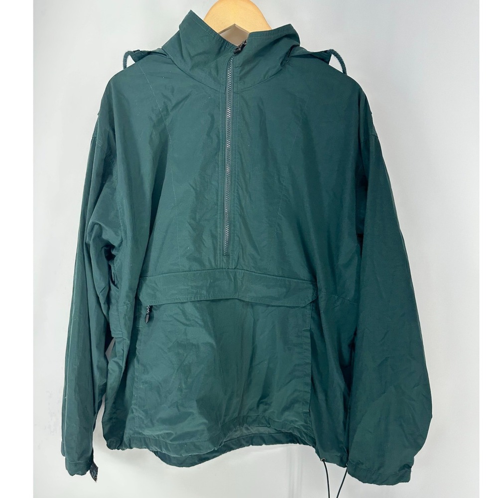 St. Johns Bay Anorak Jacket Men Medium Green Half Zip Hooded Windbreaker Utility